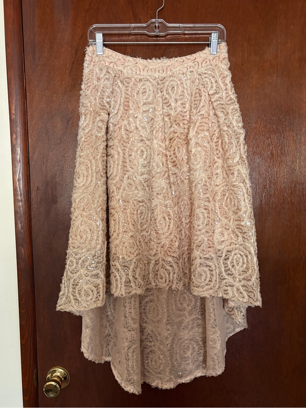 High-Low Lace Sequin Textured & Lined  Midi Skirt in Blush